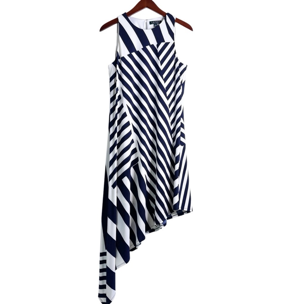 LAUREN RALPH LAUREN Jersey Knit Asymmetrical Hem Dress Size 8 in Navy Stripe